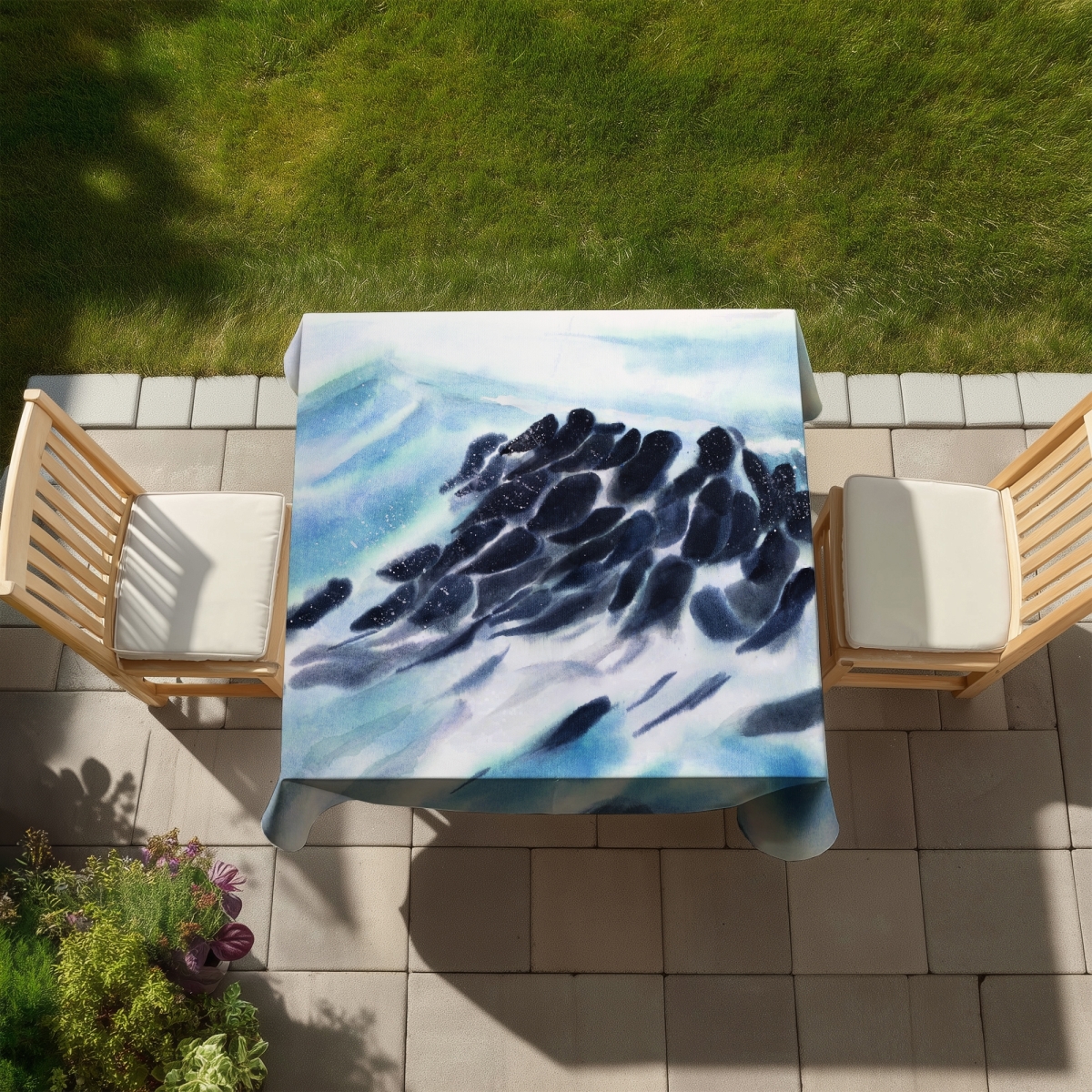 Picture of Begin Home Decor C1TC5858Y0YGQO 58 x 58 in. Marine Coastal Blue Tablecloth - Sea Waves Paint Splash Decor