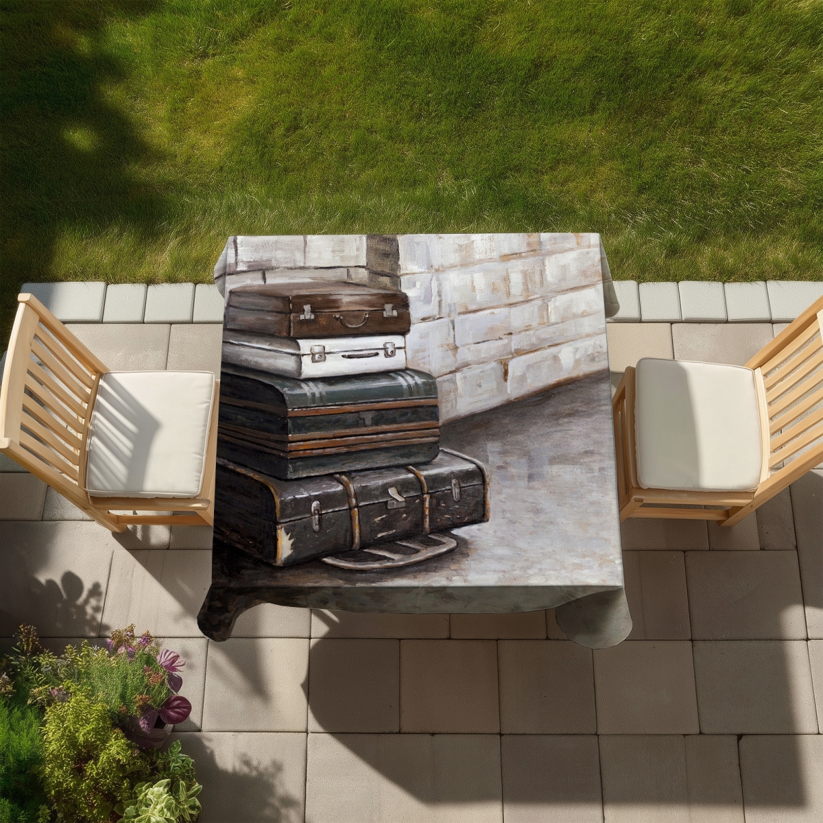 Picture of Begin Home Decor C1TC5858G4OO6T 58 x 58 in. Brown Tablecloth - Four Old Traveling Suitcases Design