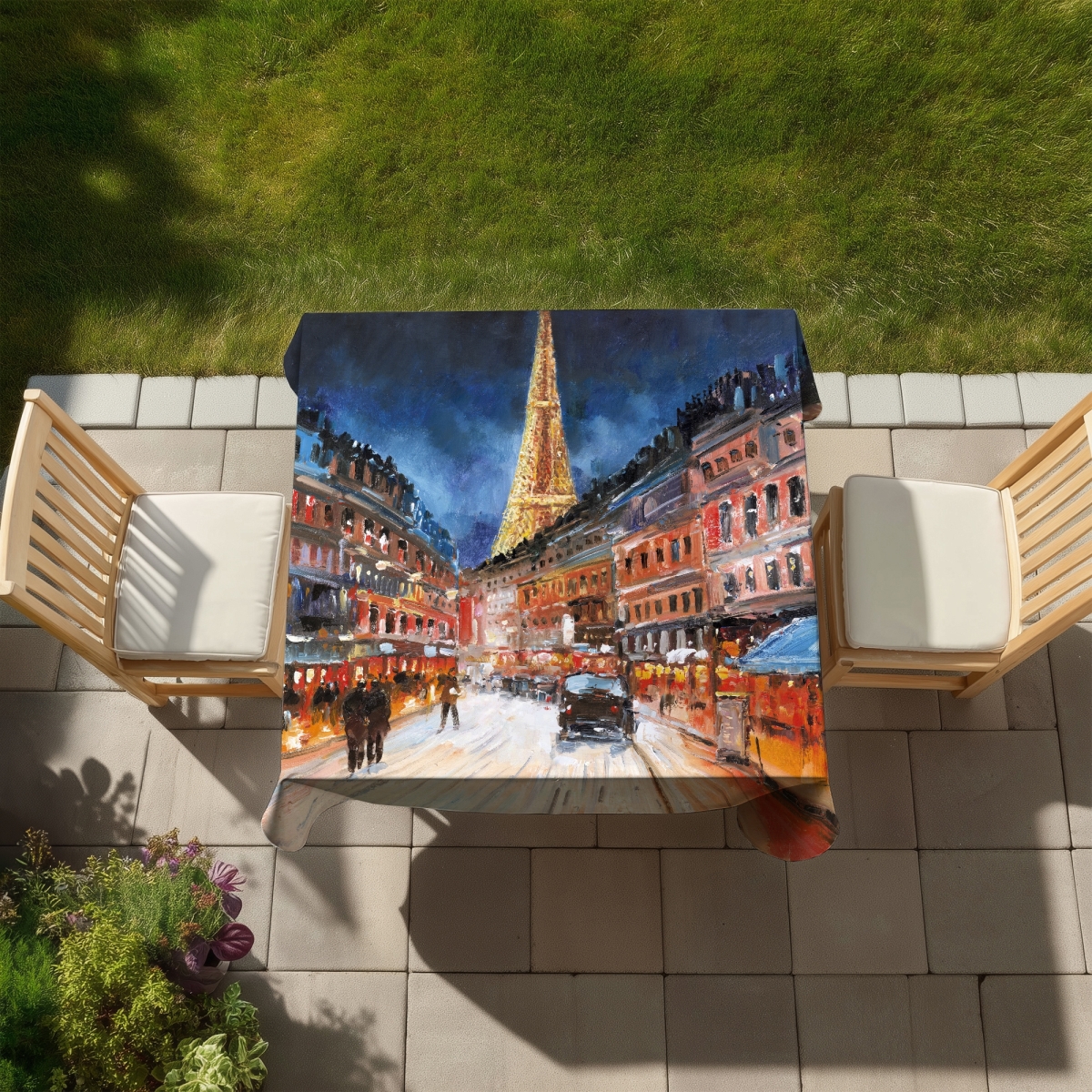 Picture of Begin Home Decor C1TC5858CT3CMH 58 x 58 in. Illuminated Paris Tablecloth - Blue Street Building Decor