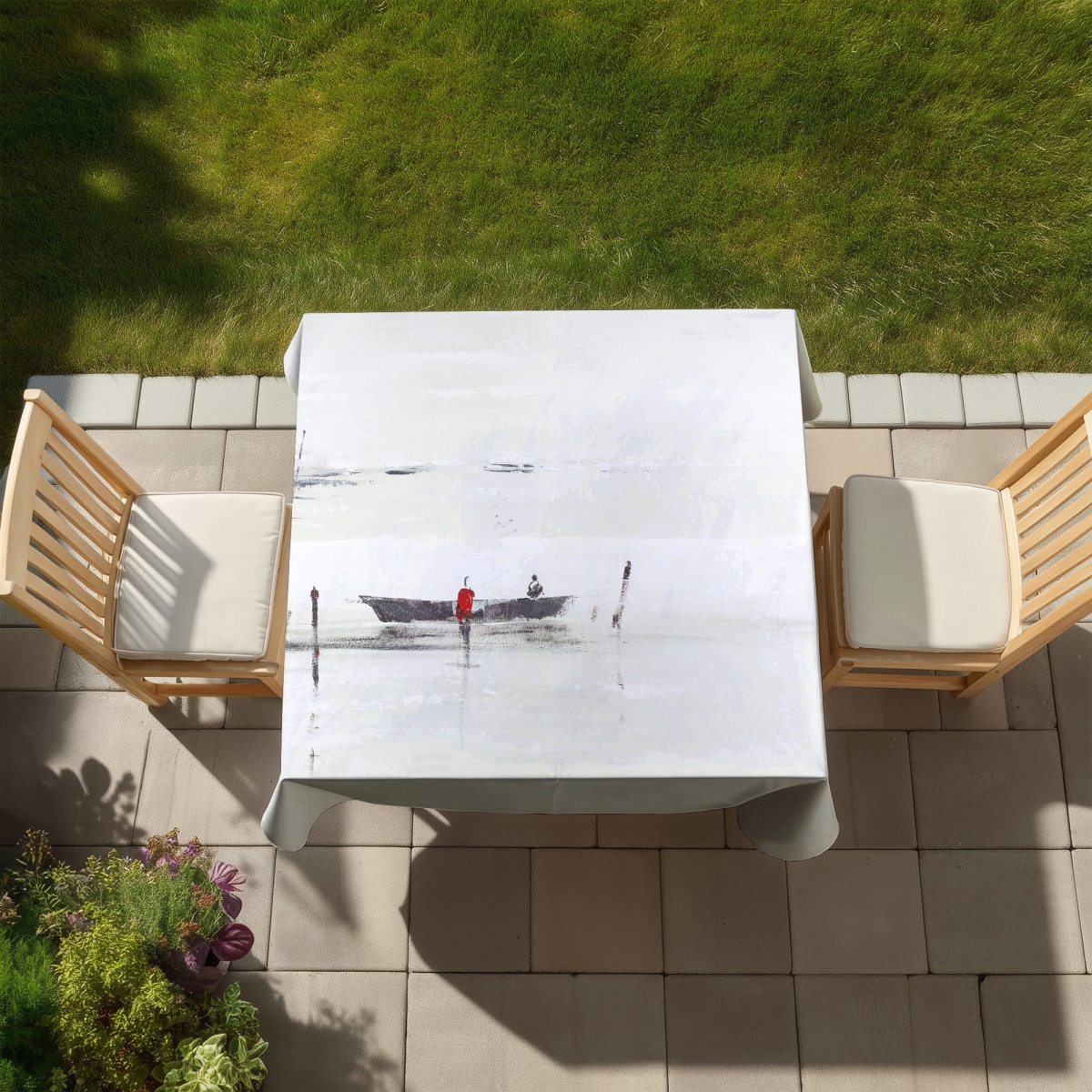 Picture of Begin Home Decor C1TC5858KM8S36 58 x 58 in. Gray Minimalist Tablecloth - Boat on Lake Design - Home Decor