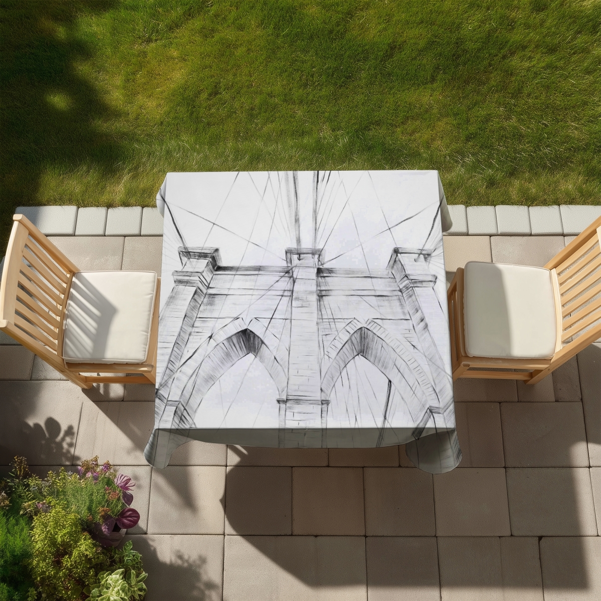 Picture of Begin Home Decor C1TC5858WK69YY 58 x 58 in. Brooklyn Bridge Sketch Tablecloth - Indoor & Outdoor Home Decor