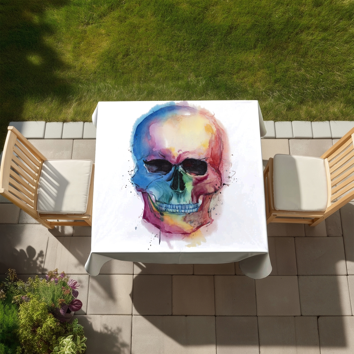 Picture of Begin Home Decor C1TC5858R31TZQ 58 x 58 in. Watercolor Colorful Skull Tablecloth - Indoor & Outdoor Decor