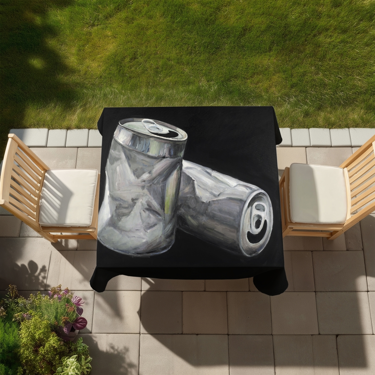 Picture of Begin Home Decor C1TC5858QNNDBU 58 x 58 in. White Industrial Tablecloth - Empty Cans Design for Home Decor