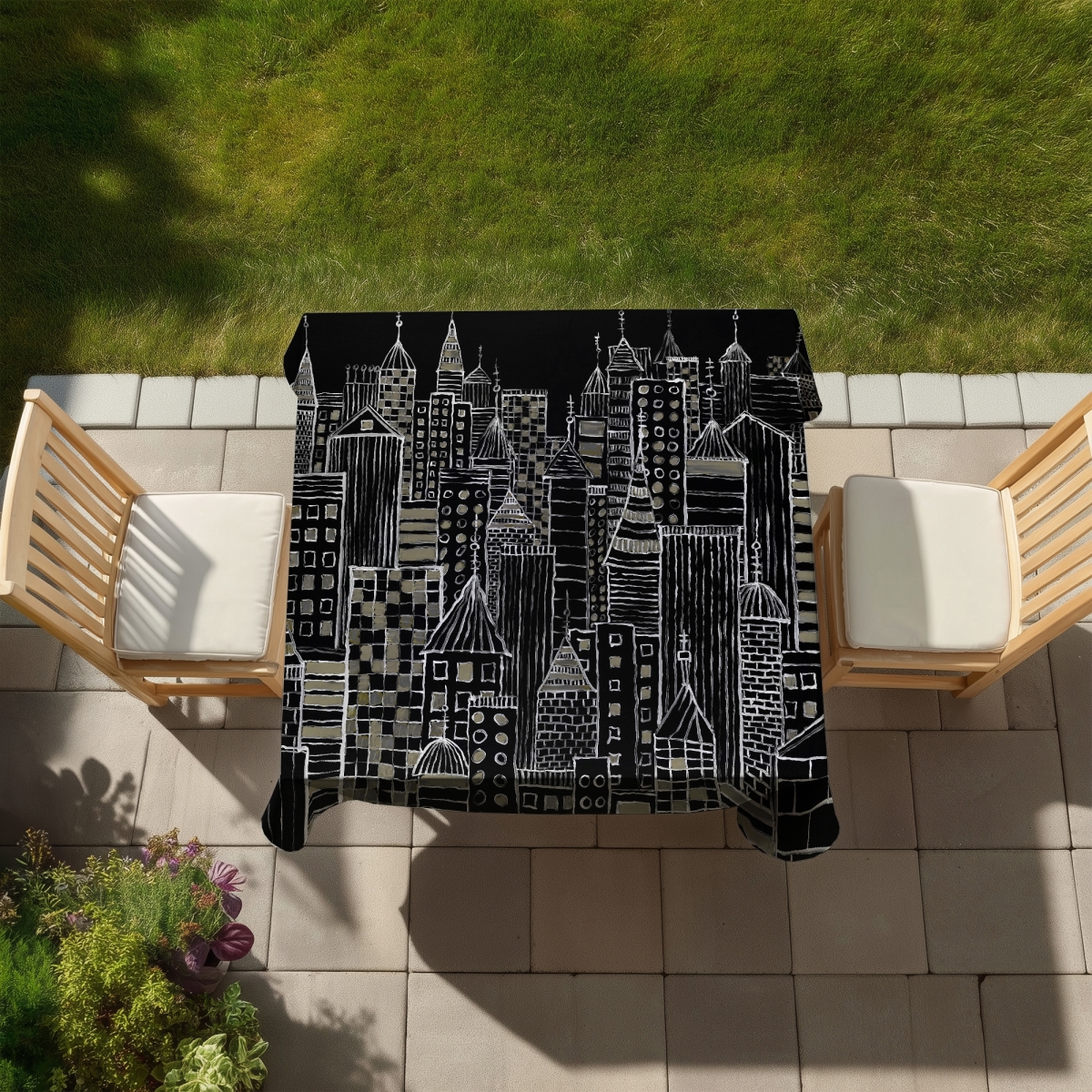 Picture of Begin Home Decor C1TC5858BDSPWD 58 x 58 in. Black Livingroom Tablecloth - Illustrative City Towers Decor