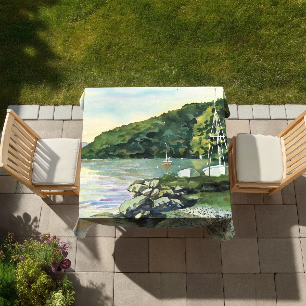 Picture of Begin Home Decor C1TC5858GMFAUJ 58 x 58 in. Sailboat Day Coastal Scenic Tablecloth - Indoor & Outdoor Decor