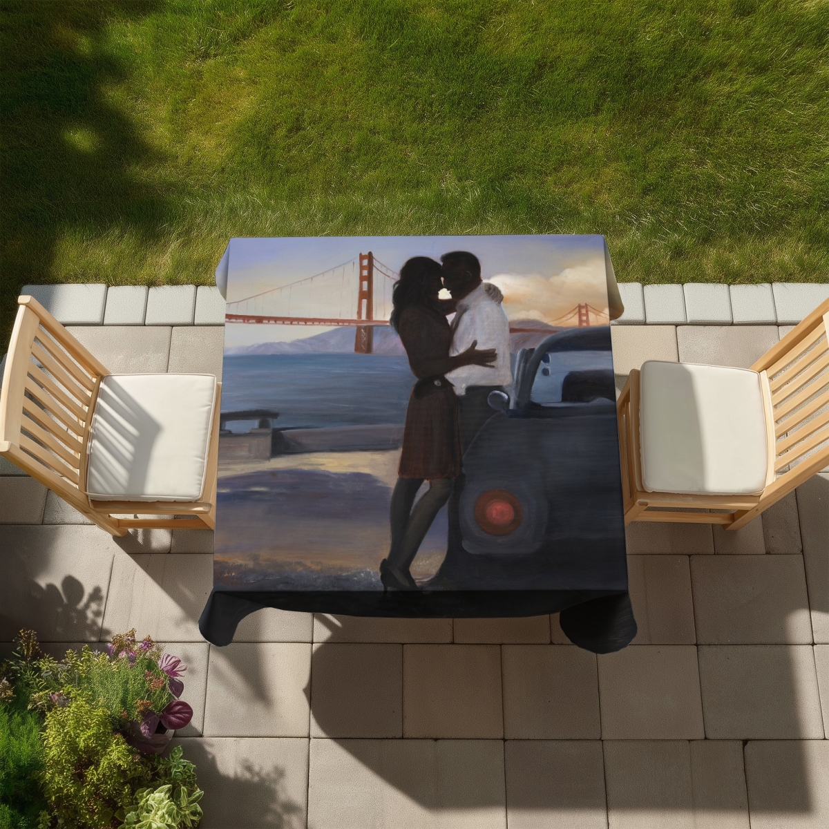Picture of Begin Home Decor C1TC58586ICSD9 58 x 58 in. Blue Figurative Bridge Tablecloth - Loving Couple in Sf Decor