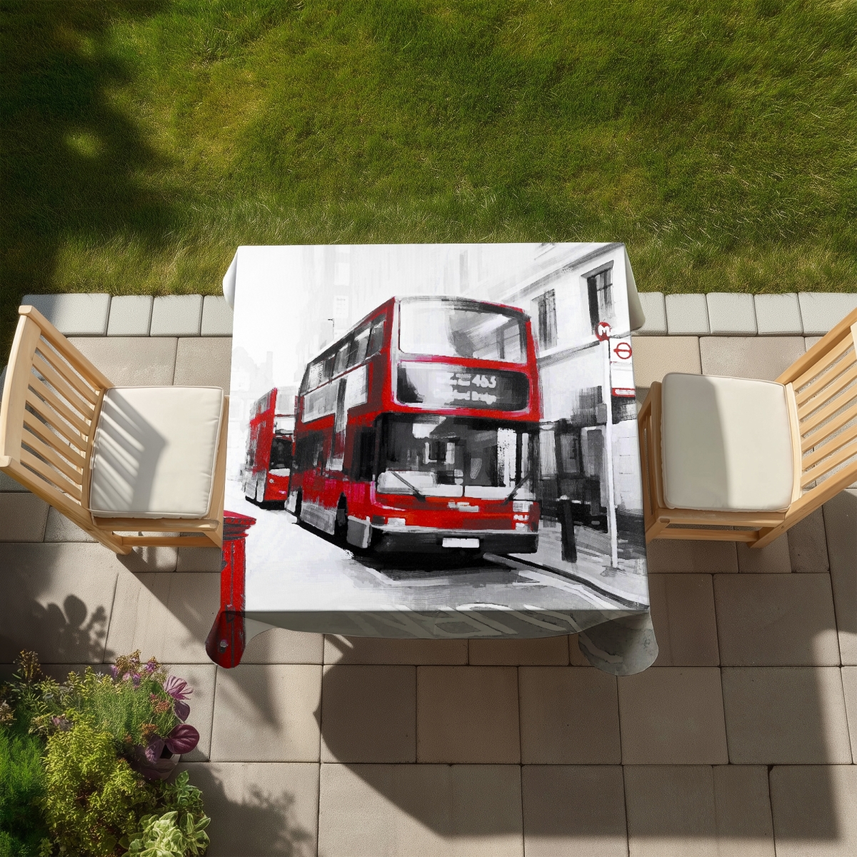 Picture of Begin Home Decor C1TC5858I1Y49H 58 x 58 in. Red Bus Londoner White Tablecloth - Indoor & Outdoor Decor