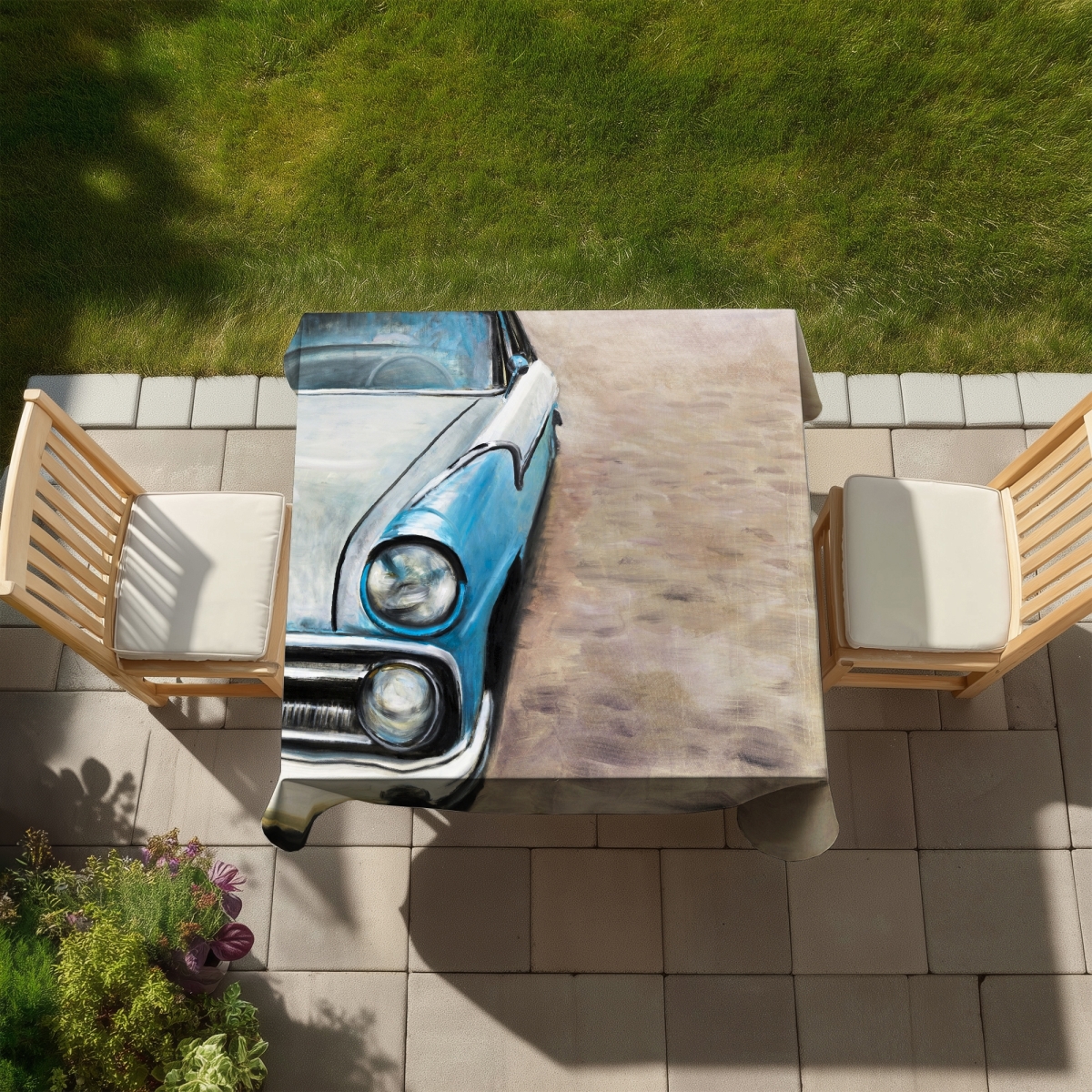 Picture of Begin Home Decor C1TC5858GXXKJJ 58 x 58 in. Old Classic Car Tablecloth - Blue Indoor & Outdoor Decor