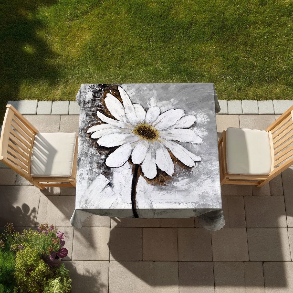 Picture of Begin Home Decor C1TC585822QJ53 58 x 58 in. Abstract Daisy White Industrial Tablecloth - Indoor & Outdoor Decor