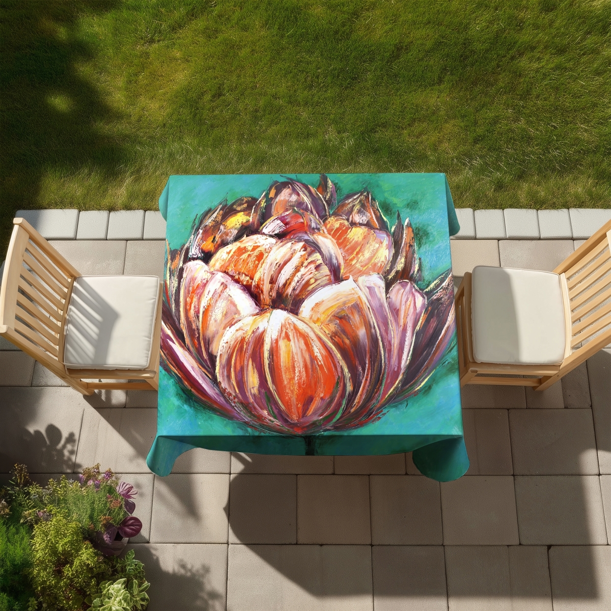 Picture of Begin Home Decor C1TC5858WNO6R7 58 x 58 in. Orange Floral Tablecloth - Abstract Double Tulips - Indoor & Outdoor