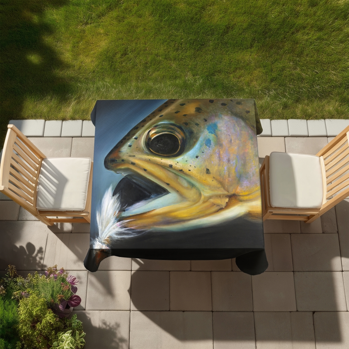 Picture of Begin Home Decor C1TC5858KC12VK 58 x 58 in. Golden Trout Fly Fishing Tablecloth - Rustic Home Decor