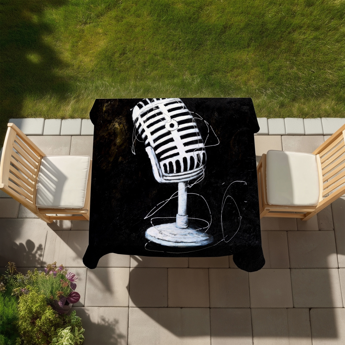 Picture of Begin Home Decor C1TC5858J6ZAUX 58 x 58 in. Microphone Tablecloth - White Man Cave Decor - Indoor & Outdoor