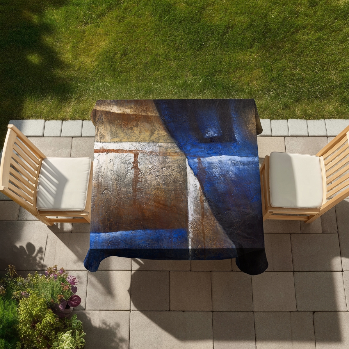 Picture of Begin Home Decor C1TC5858XW89P9 58 x 58 in. Bronze Shapes Blue Light Tablecloth - Indoor Outdoor Decor
