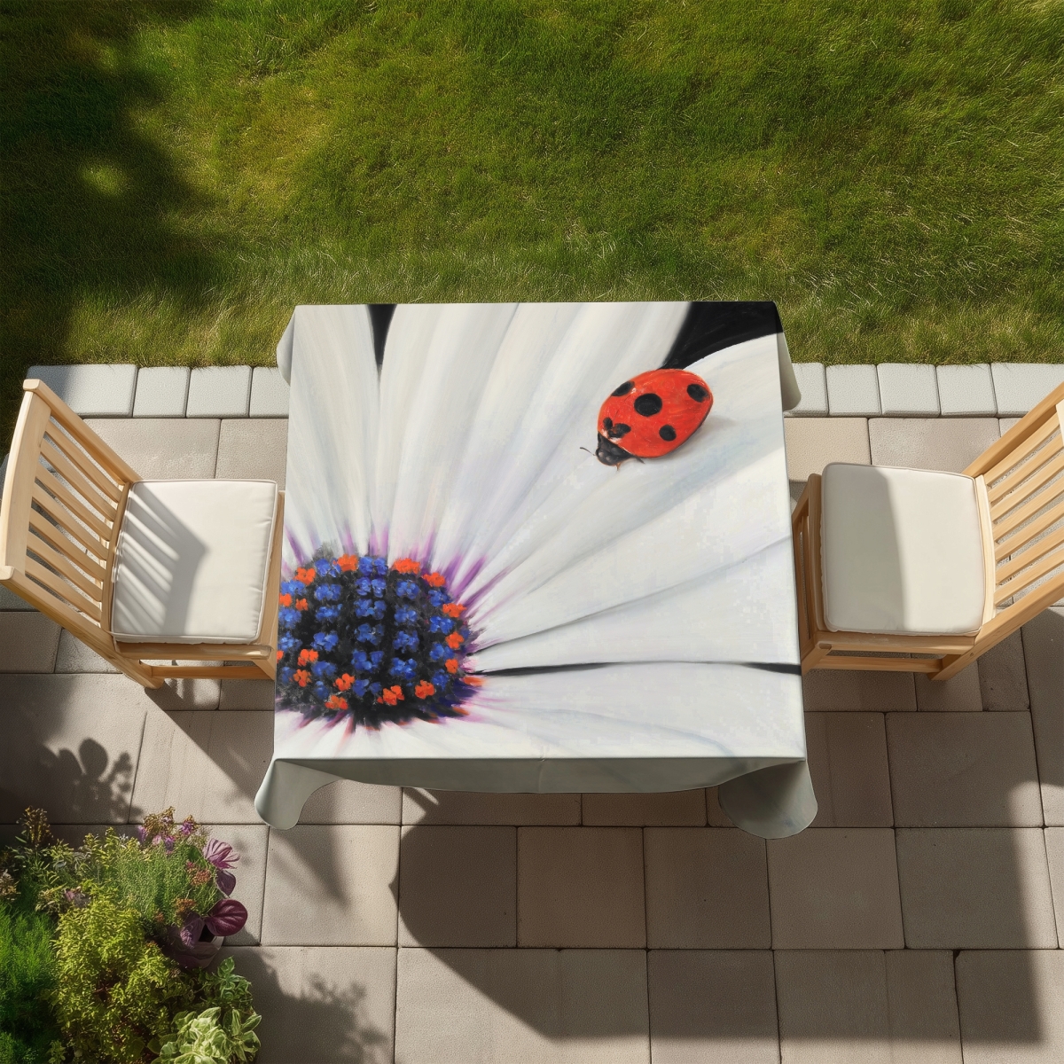 Picture of Begin Home Decor C1TC58584UGKS2 58 x 58 in. White Daisy & Ladybug Tablecloth - Romantic Floral Decor