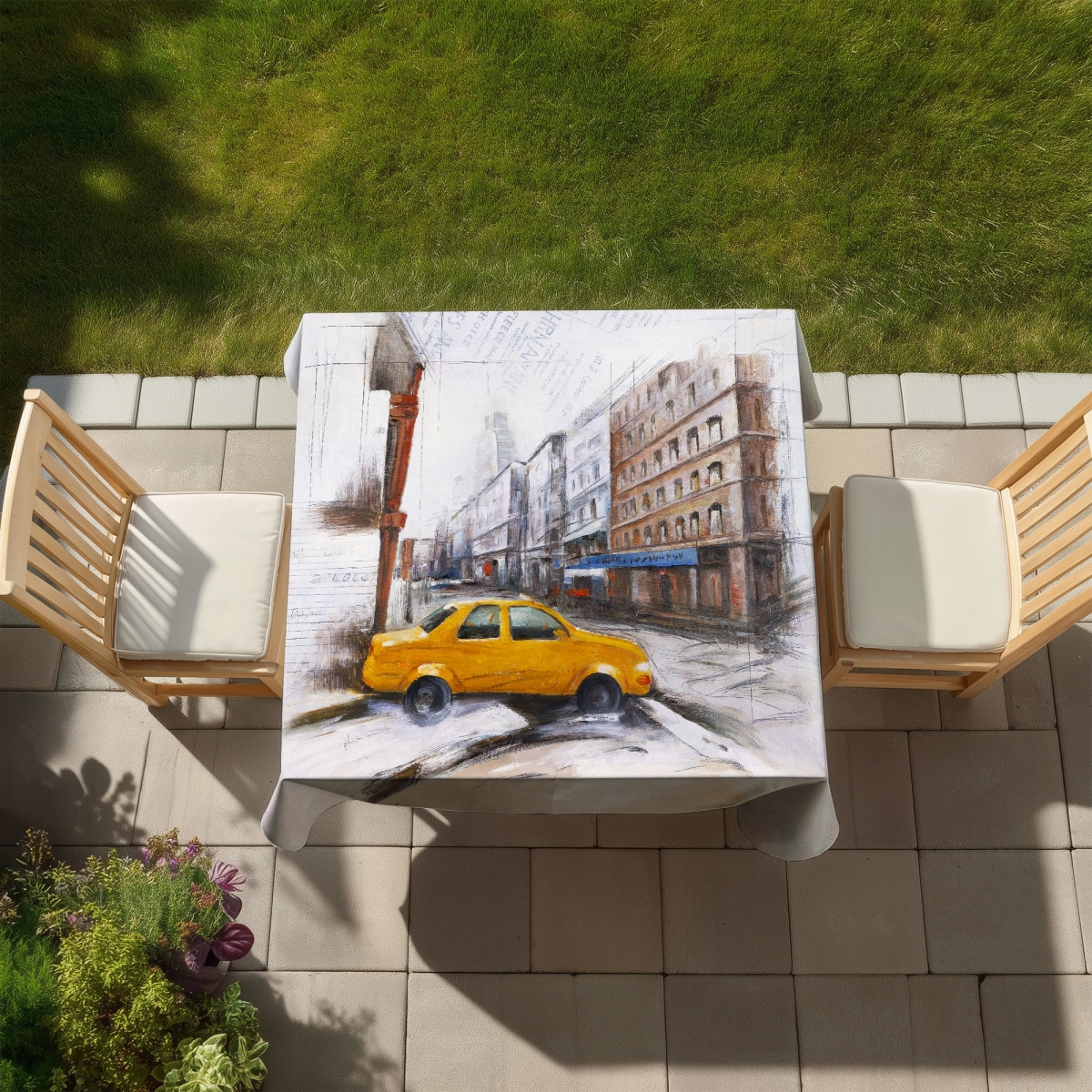 Picture of Begin Home Decor C1TC5858Q6J6QC 58 x 58 in. Industrial Cities Brown Tablecloth - Taxi in the Street Sketch