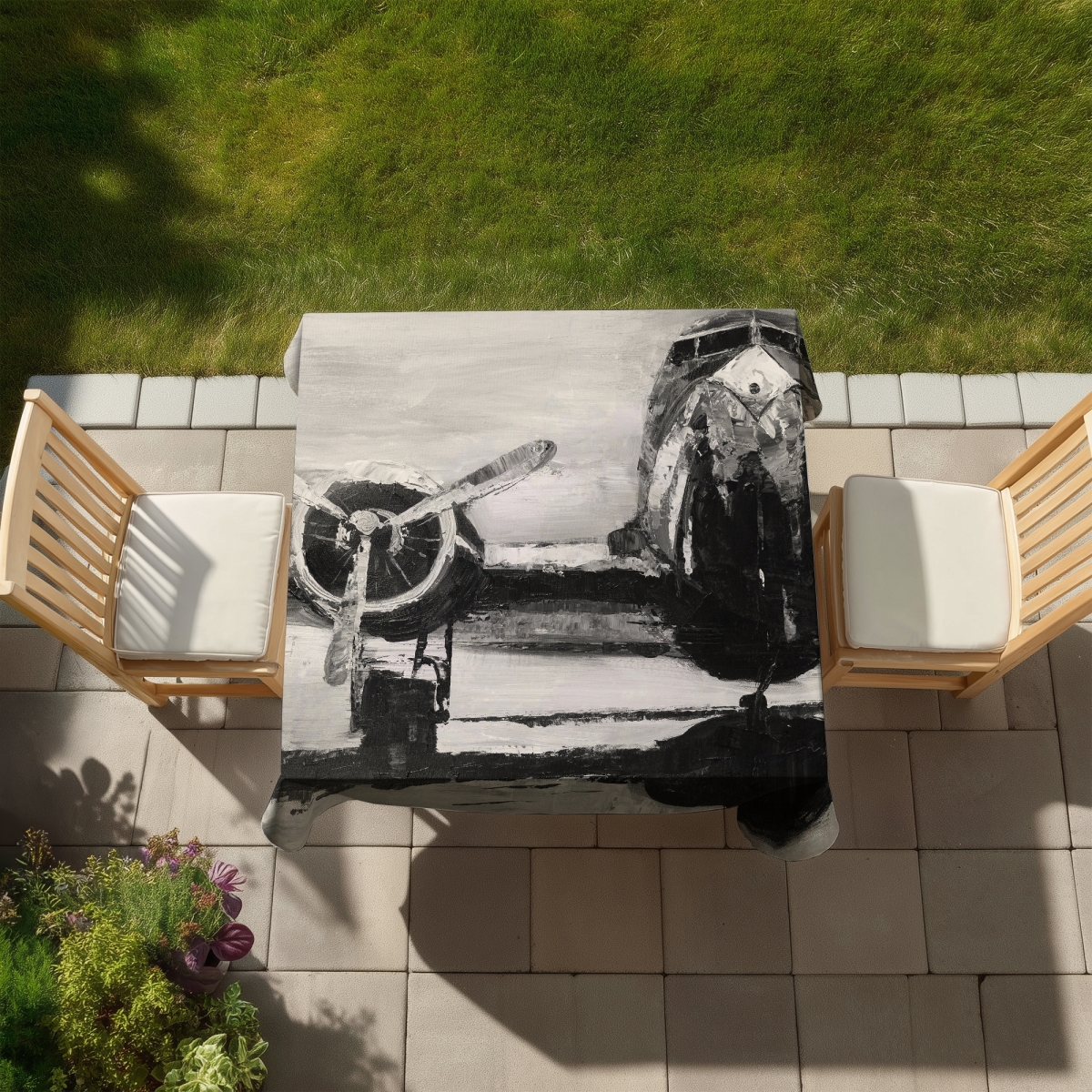 Picture of Begin Home Decor C1TC5858OZGXC1 58 x 58 in. Sepia Airplane Tablecloth - Indoor & Outdoor White Decor