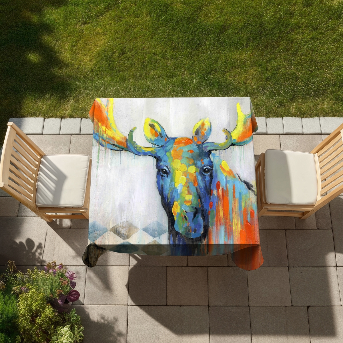Picture of Begin Home Decor C1TC5858XNESEB 58 x 58 in. Colorful Moose Tablecloth - Blue Indoor & Outdoor Home Decor