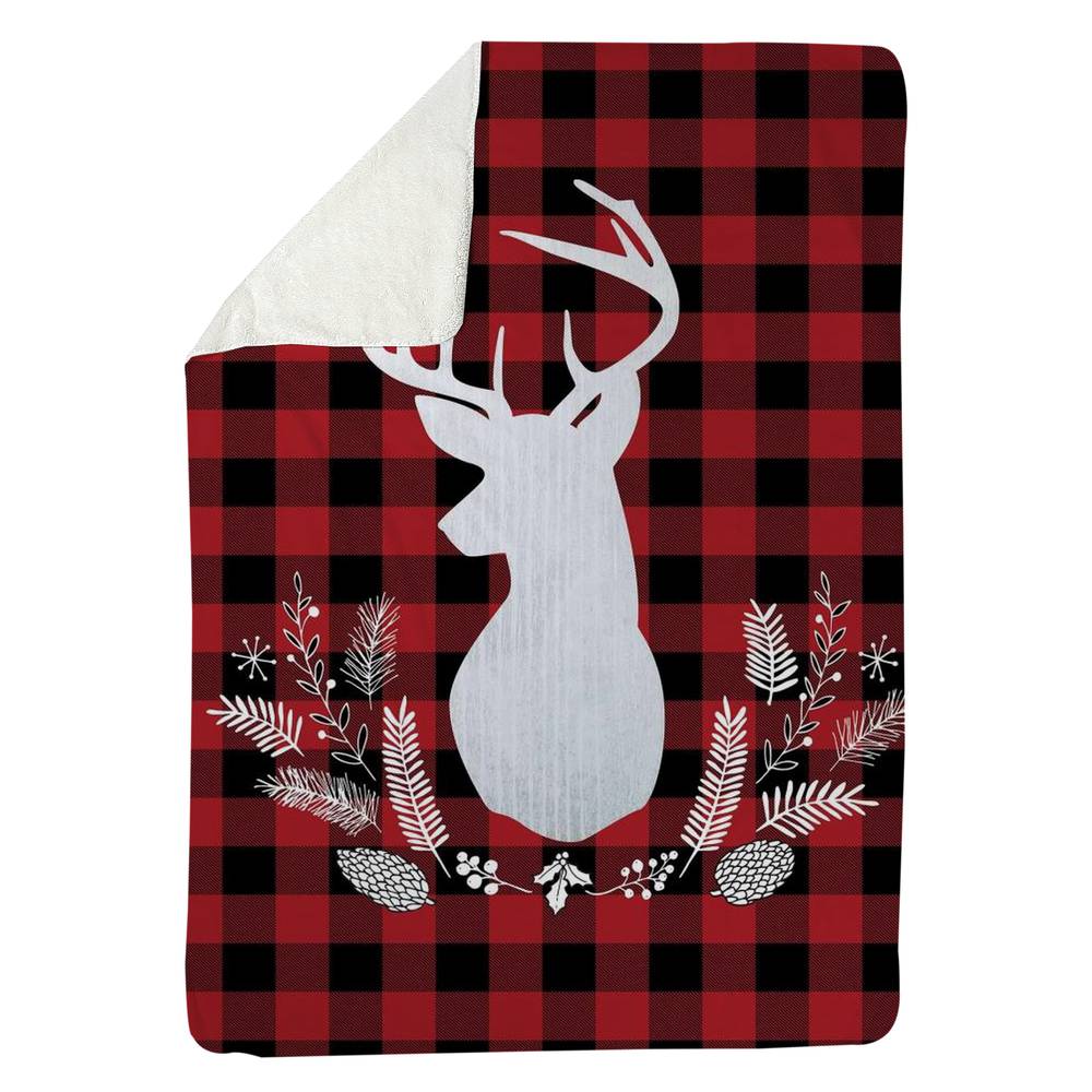 5545-8060-HO2 60 x 80 in. Deer Plaid Kitchen Sherpa Fleece Blanket - White Pattern Decor