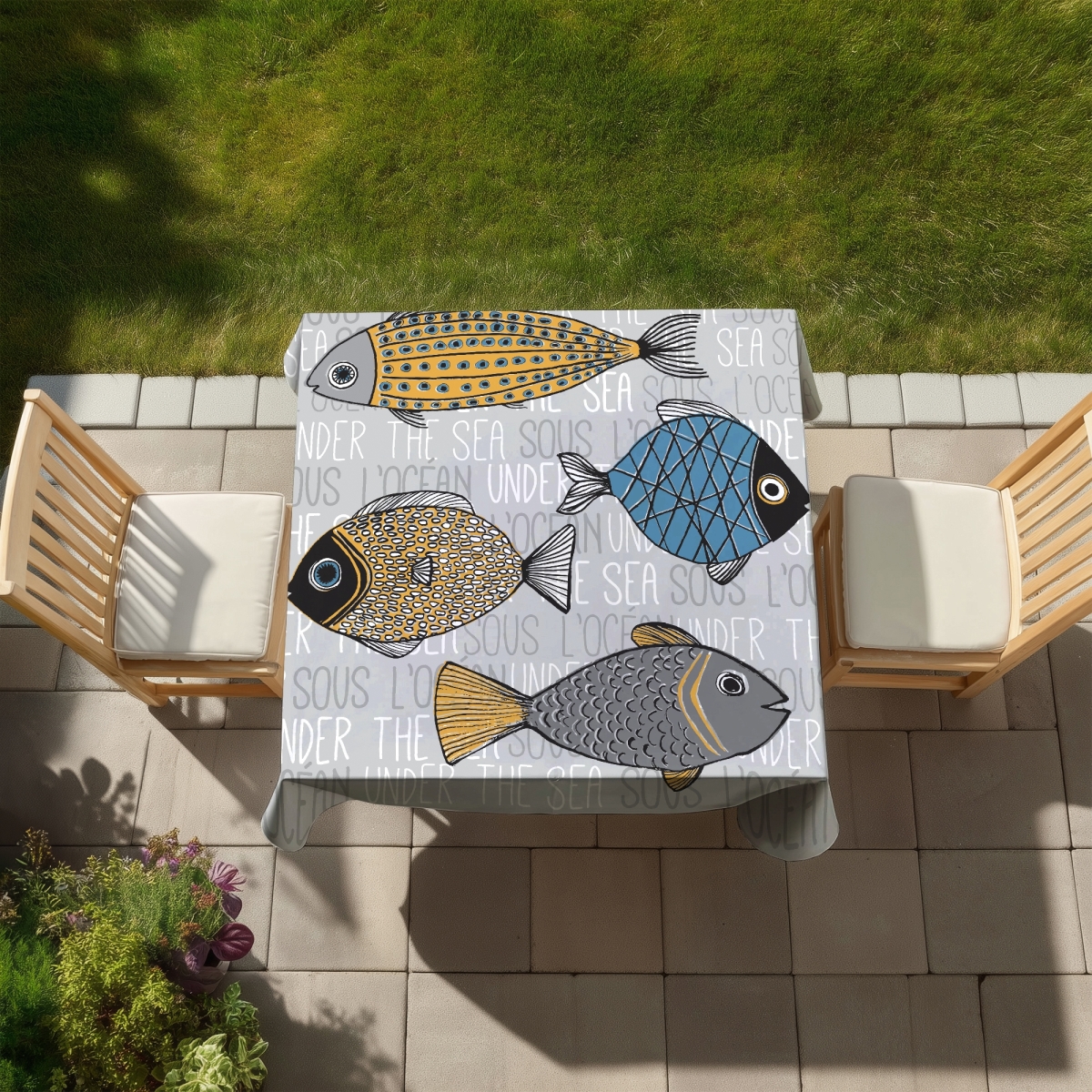 Picture of Begin Home Decor C1TC5858KF94L0 58 x 58 in. Fishes Illustration Tablecloth - Gray Animal Decor for Home