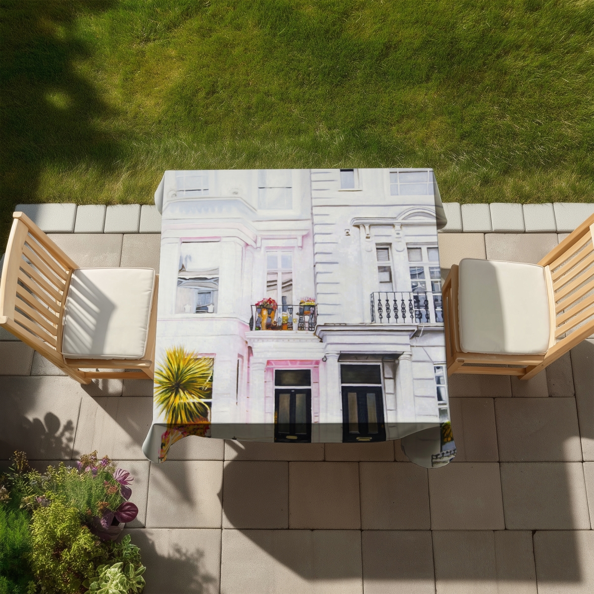 Picture of Begin Home Decor C1TC5858U3OFKH 58 x 58 in. White Hyperrealist Cities Tablecloth - West Coast Houses Decor