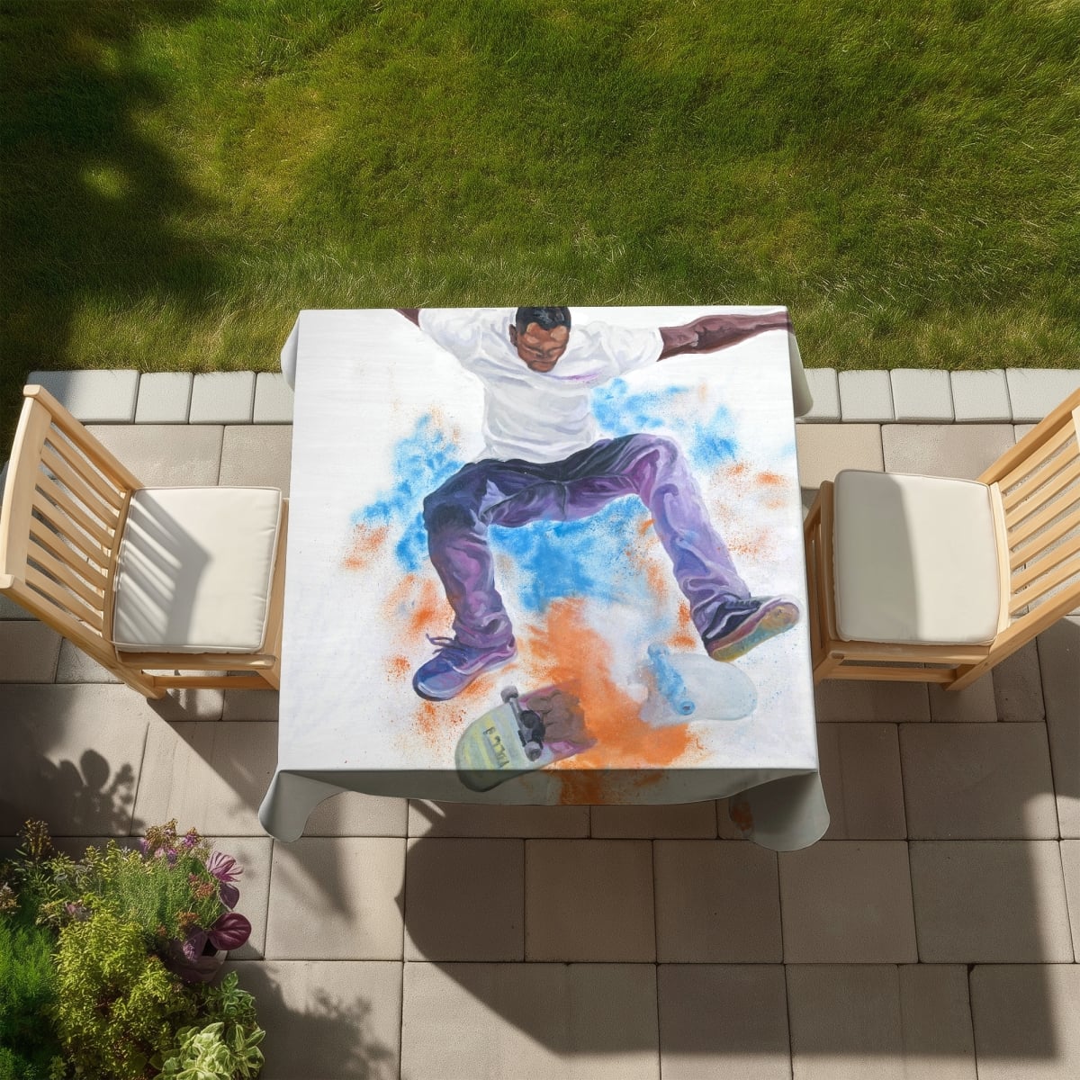 Picture of Begin Home Decor C1TC5858V7NOX4 58 x 58 in. Blue Skater Tablecloth - Sports & Games Decor - Indoor & Outdoor