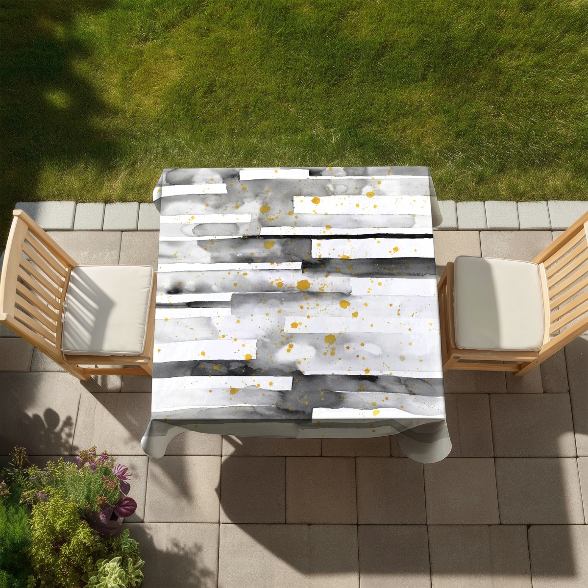 Picture of Begin Home Decor C1TC5858JQFCJV 58 x 58 in. Abstract White Tablecloth - Black Stripes & Gold Splash Decor