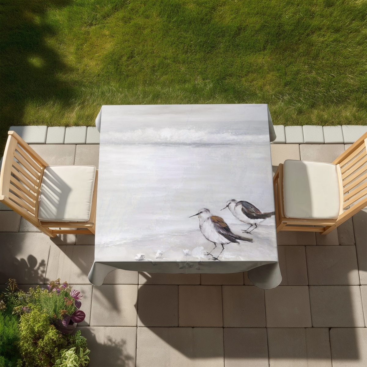 Picture of Begin Home Decor C1TC58584LN81W 58 x 58 in. Bathroom Marine Animals Tablecloth - Two Sandpipers Birds Decor
