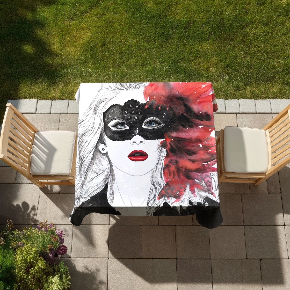 Picture of Begin Home Decor C1TC5858I7OQTC 58 x 58 in. Masked Ball White Bohemian Tablecloth - Indoor & Outdoor Decor