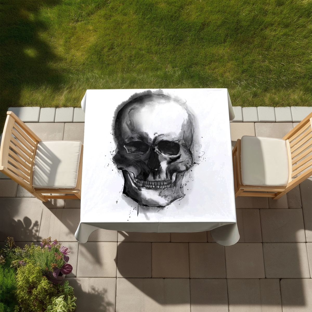 Picture of Begin Home Decor C1TC58586RN52O 58 x 58 in. Watercolor Dark Skull Tablecloth - Indoor & Outdoor Home Decor