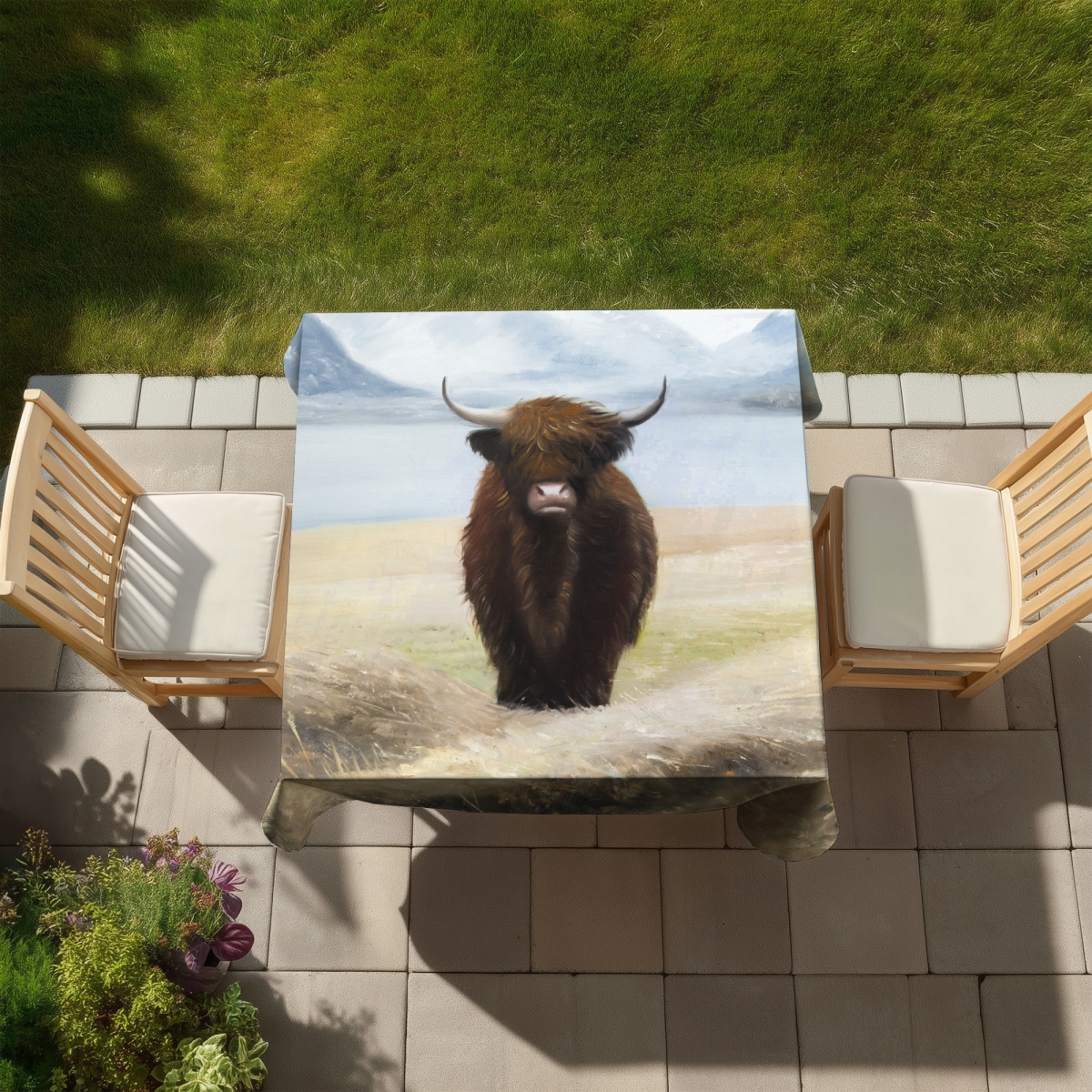 Picture of Begin Home Decor C1TC5858BRKYQK 58 x 58 in. Highland Cow Tablecloth - Blue Animals Mountains Decor