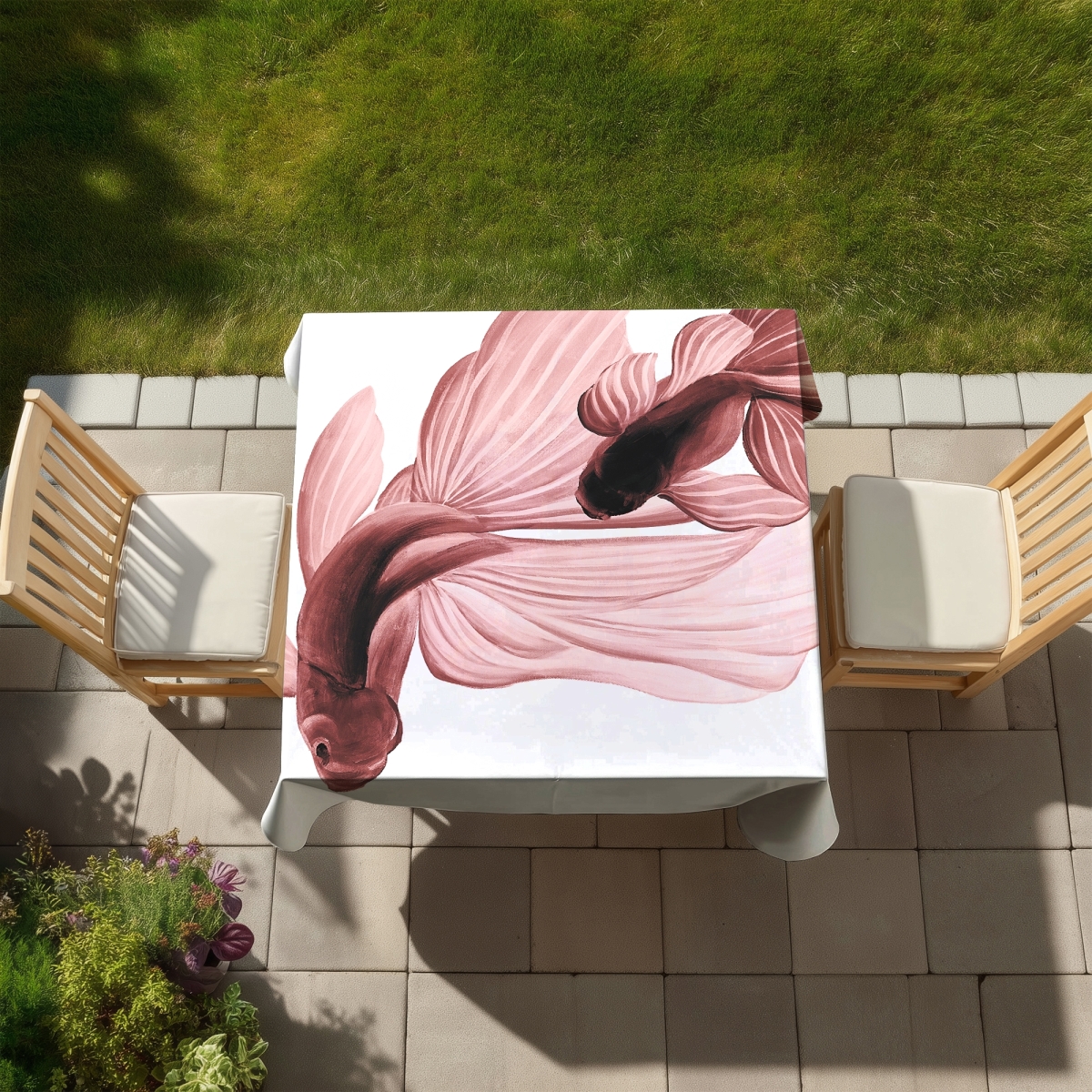 Picture of Begin Home Decor C1TC5858OAALD0 58 x 58 in. White Tablecloth - Red Betta Fish Design for Indoor & Outdoor Use