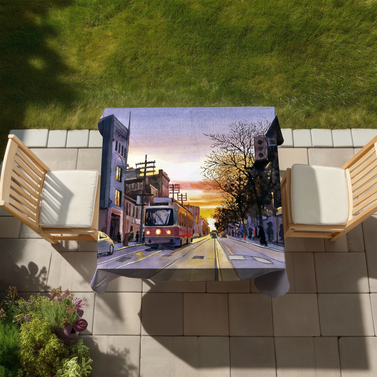 Picture of Begin Home Decor C1TC5858SC2B3O 58 x 58 in. Sunset Streetscape Toronto Tablecloth - Indoor & Outdoor Decor