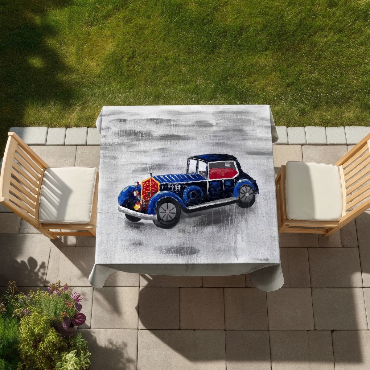 Picture of Begin Home Decor C1TC5858BM0CIT 58 x 58 in. Vintage Blue Toy Car Tablecloth - Indoor & Outdoor Decor