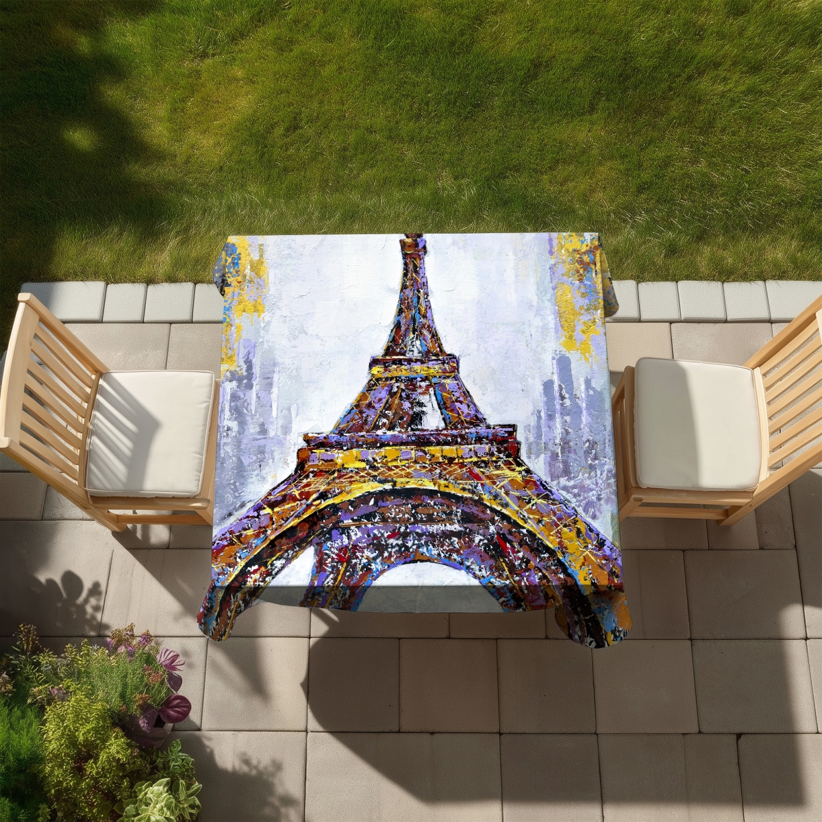 Picture of Begin Home Decor C1TC5858ML724H 58 x 58 in. Yellow Tablecloth - Abstract Eiffel Tower Paint Splash Design