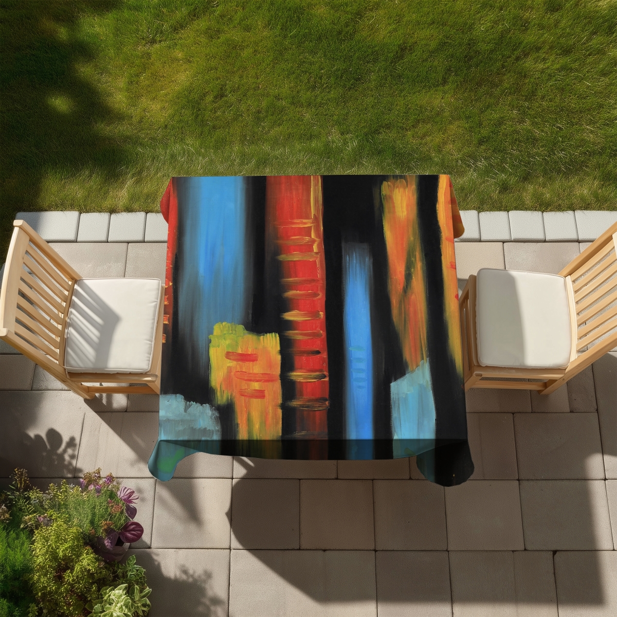 Picture of Begin Home Decor C1TC5858J7NCA9 58 x 58 in. Building Blue Abstract Tablecloth - Indoor & Outdoor Home Decor