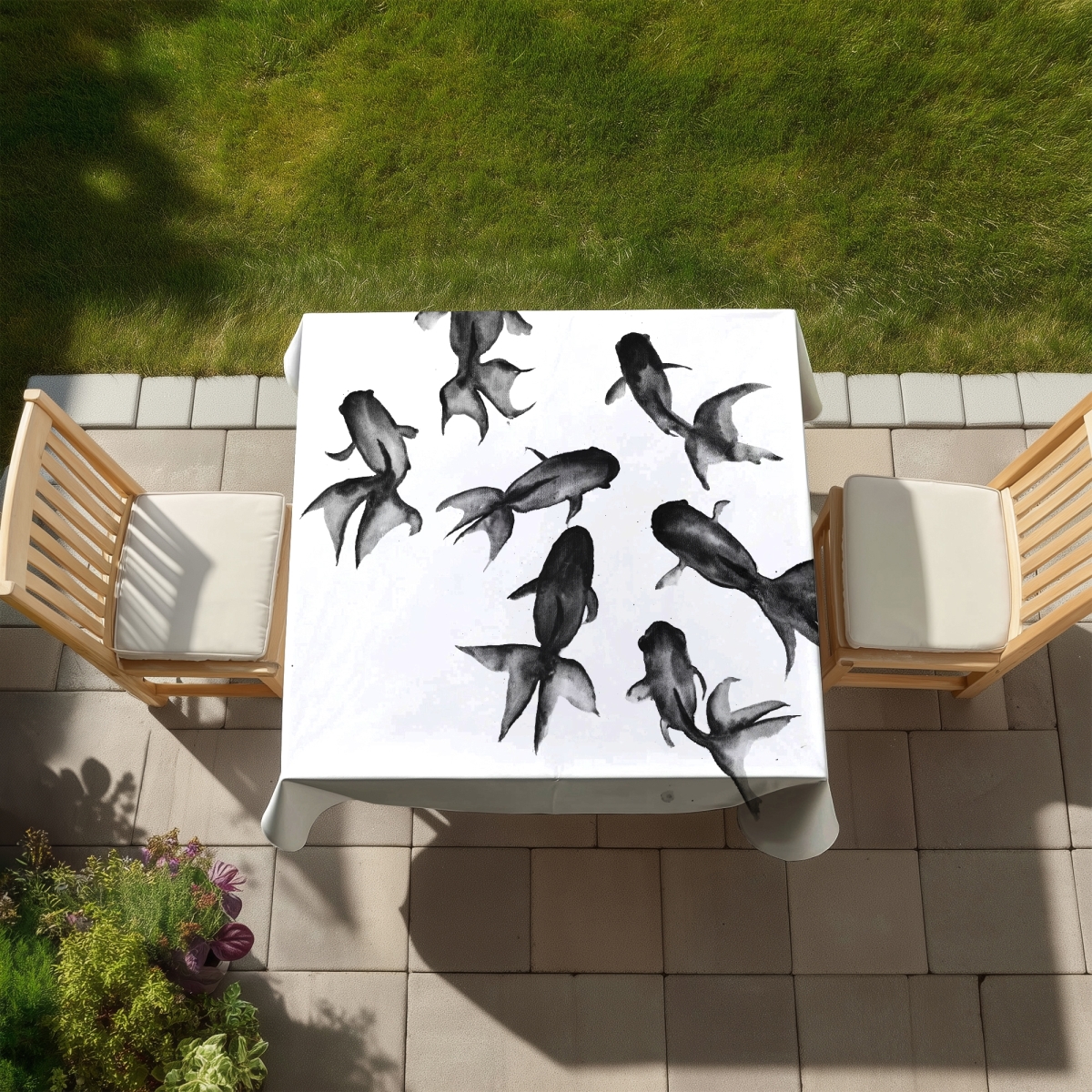 Picture of Begin Home Decor C1TC58587HZY0Y 58 x 58 in. Small Black Fishes Tablecloth - Indoor & Outdoor Home Decor
