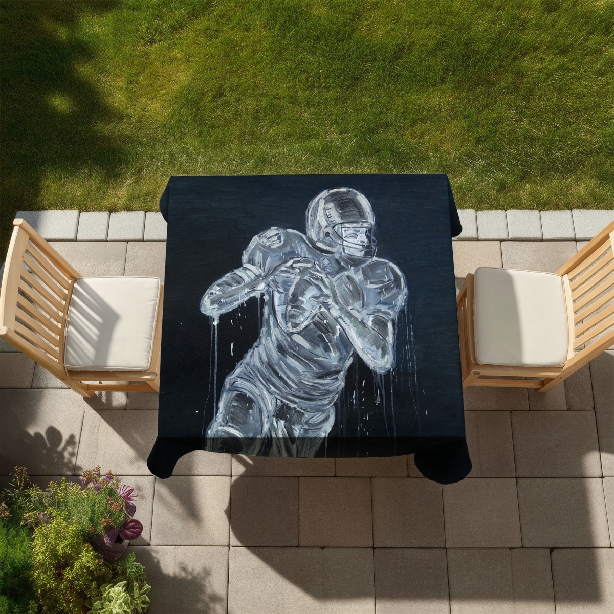 Picture of Begin Home Decor C1TC5858UAI3ZE 58 x 58 in. Football Player Tablecloth - Blue American Indoor & Outdoor Decor