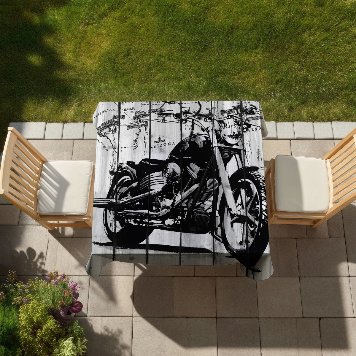 Picture of Begin Home Decor C1TC5858NM3WJU 58 x 58 in. Motorcycle Gray Black Tablecloth - Man Cave Decor Indoor & Outdoor