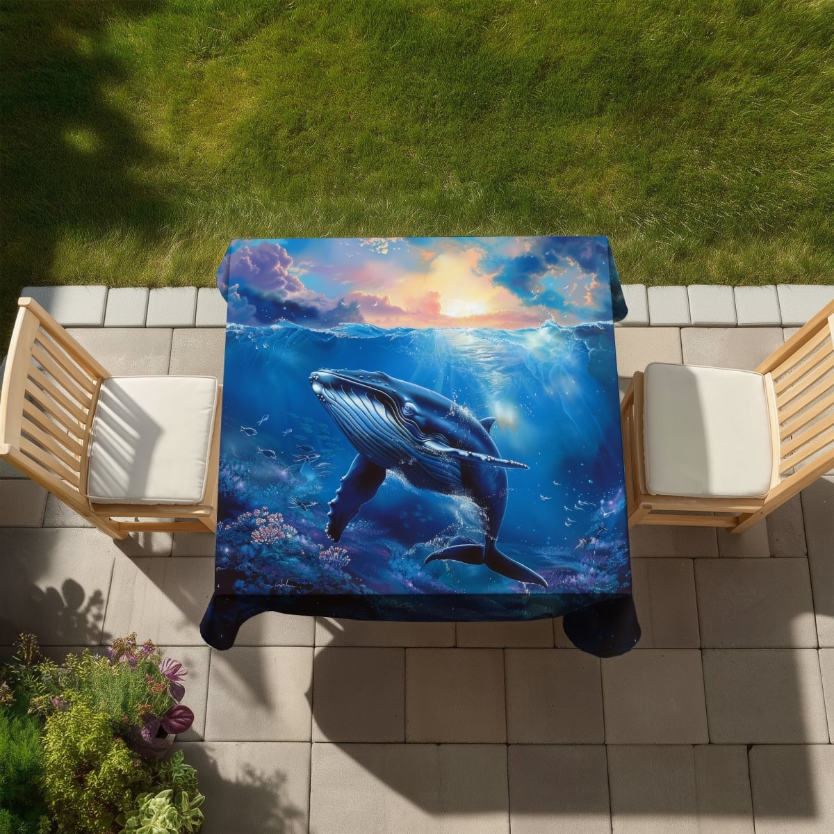 Picture of Begin Home Decor C1TC5858LS10MM 58 x 58 in. Whale in the Water Tablecloth - Indoor & Outdoor Home Decor