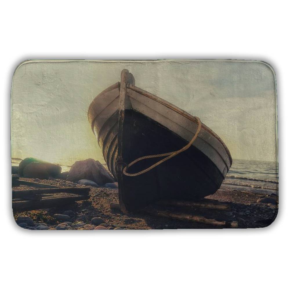 5930-2134-PH7 21 x 34 in. Rowboat at Waters Edge Bath Mat - Hobbies Brown Coastal Decor