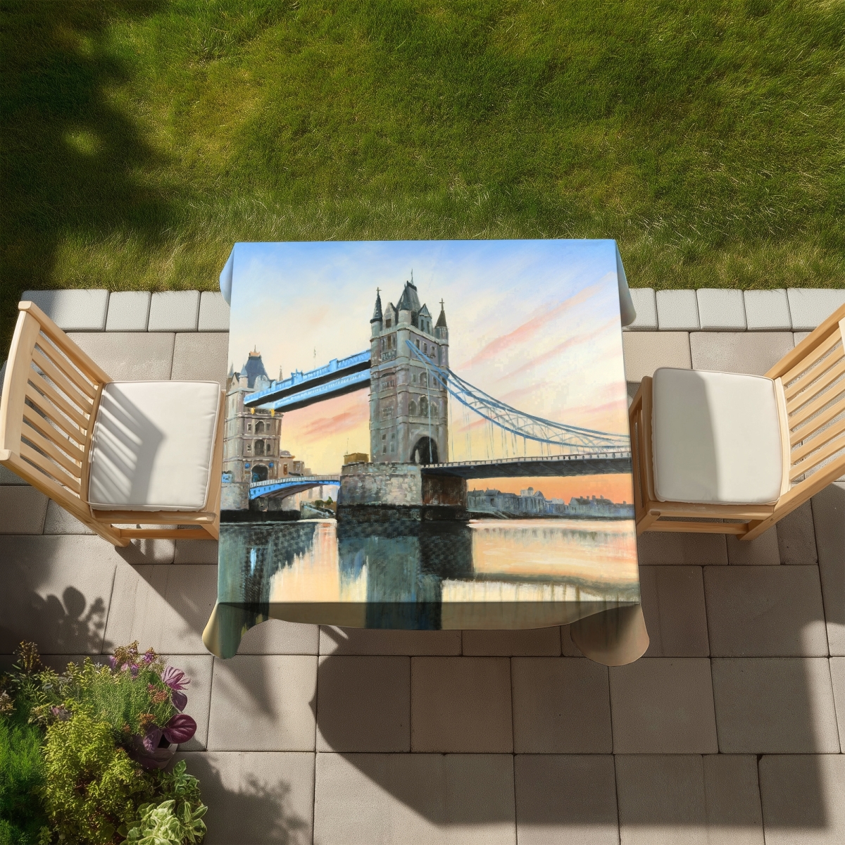 Picture of Begin Home Decor C1TC5858HJ73YZ 58 x 58 in. Bridge Contemporary Blue Tablecloth - Sunset on London Bridge