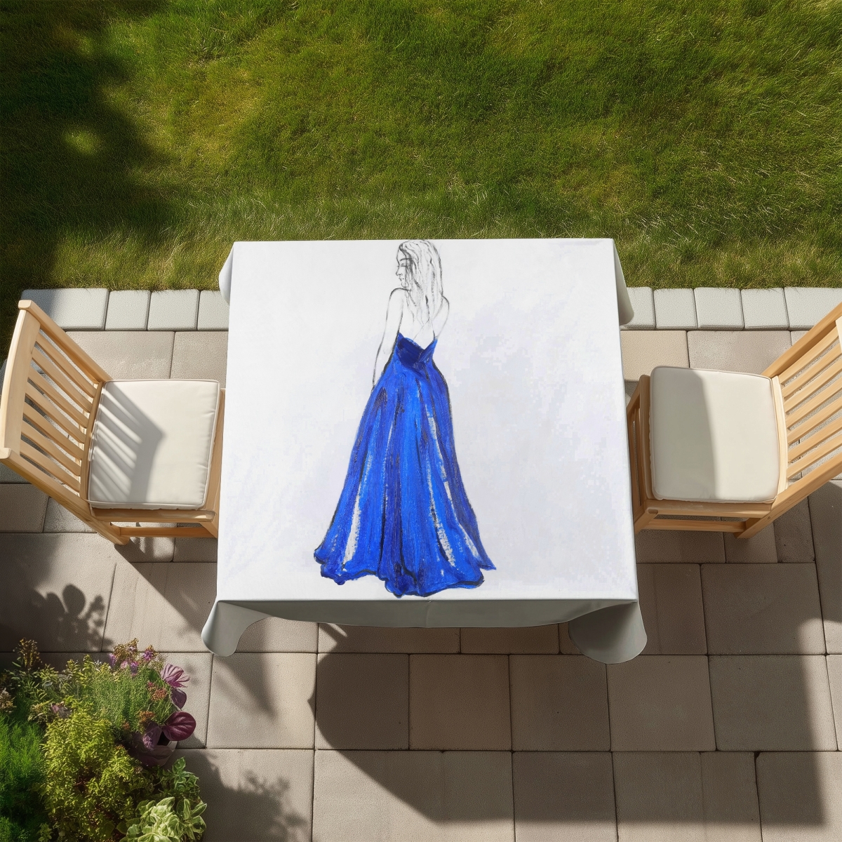 Picture of Begin Home Decor C1TC5858VO55PQ 58 x 58 in. Lady in Blue Tablecloth - Stylish Fashion Decor for Home