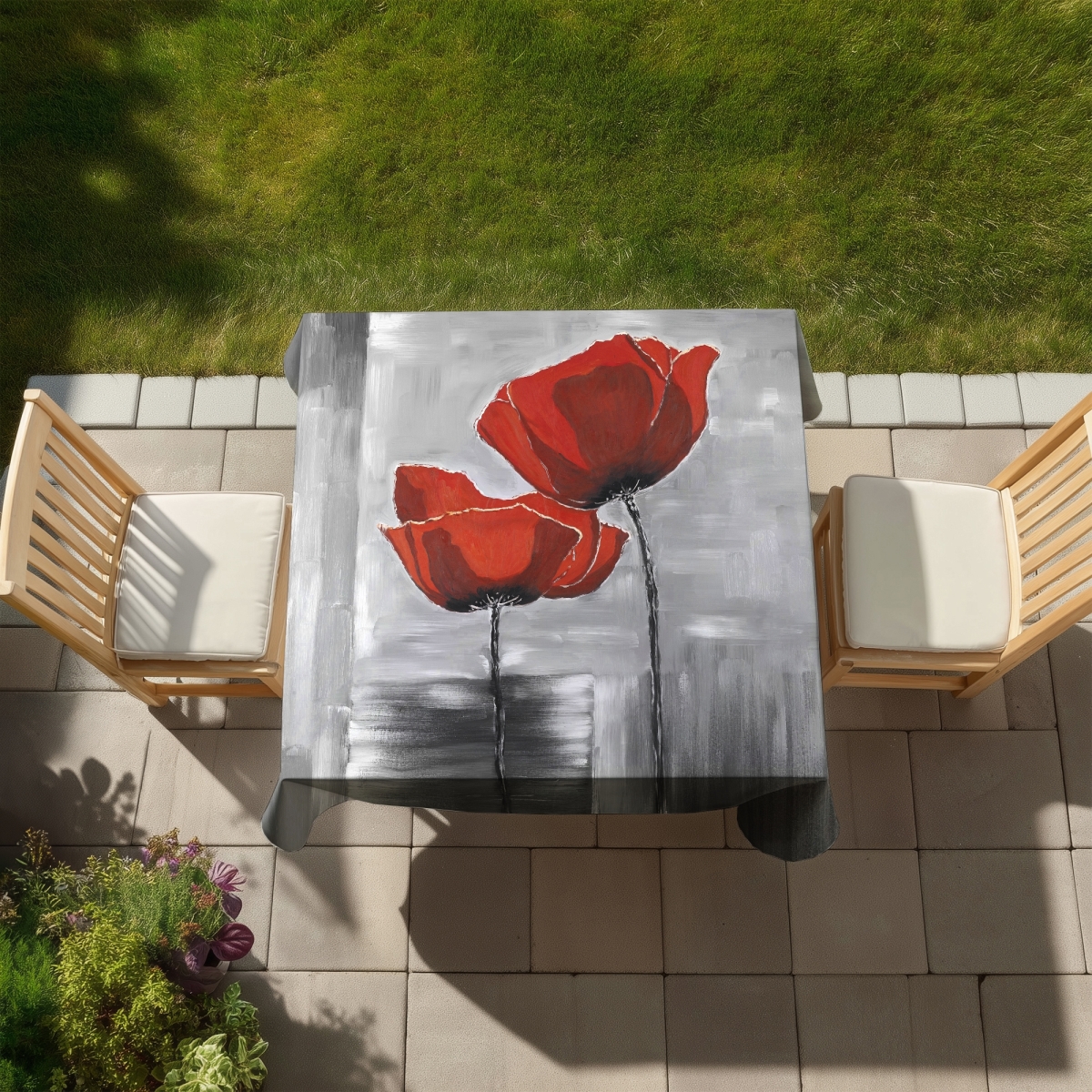 Picture of Begin Home Decor C1TC5858M0WS4P 58 x 58 in. Contemporary Gray Tablecloth - Two Red Flowers - Home Decor