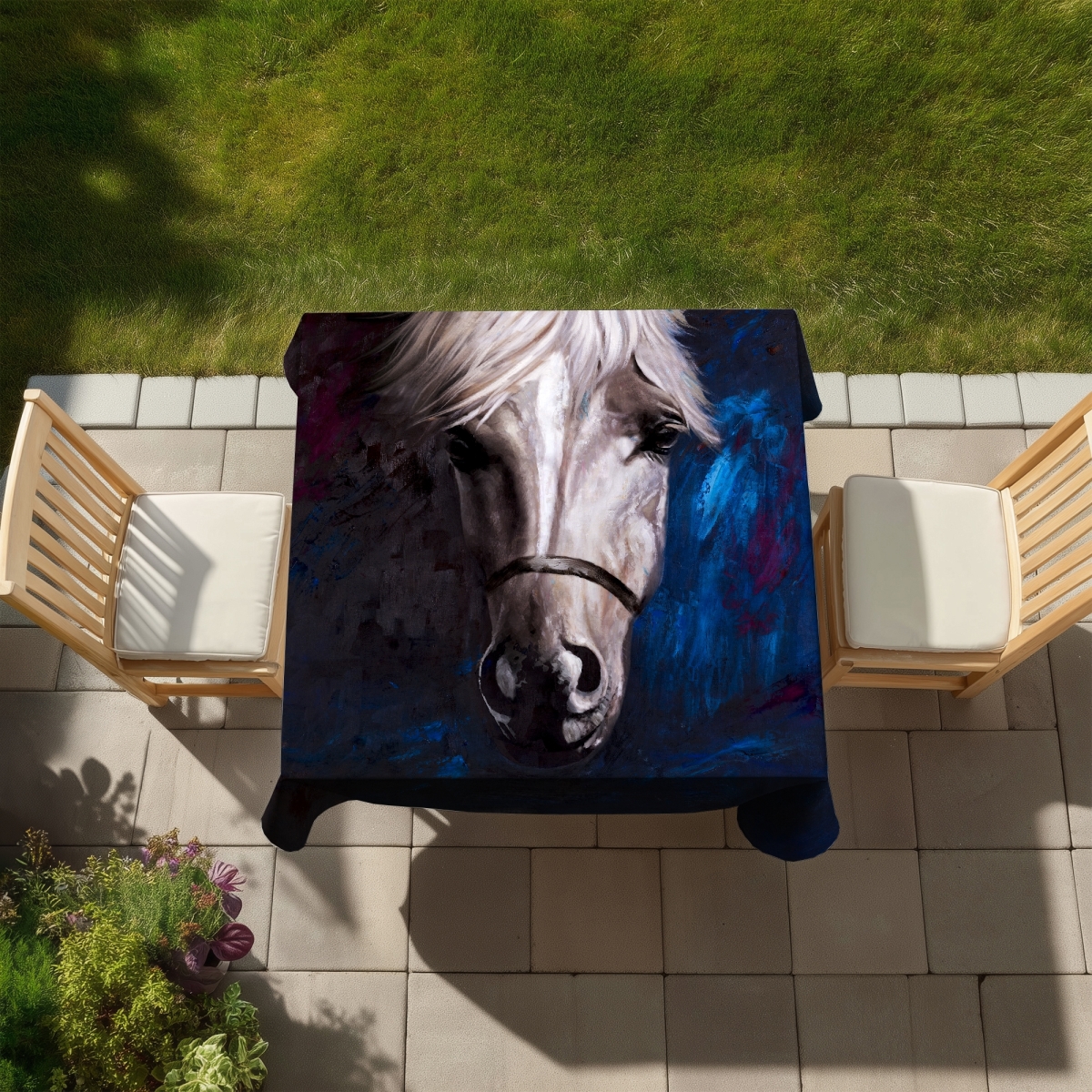 Picture of Begin Home Decor C1TC58588NO6PT 58 x 58 in. White Horse Blue Tablecloth - Indoor & Outdoor Home Decor