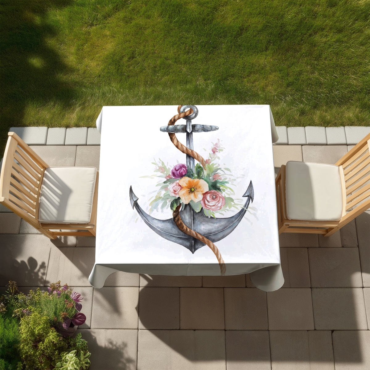 Picture of Begin Home Decor C1TC5858Z6ON7Z 58 x 58 in. Marine Coastal Boat Tablecloth - Anchor & Flower Design Decor