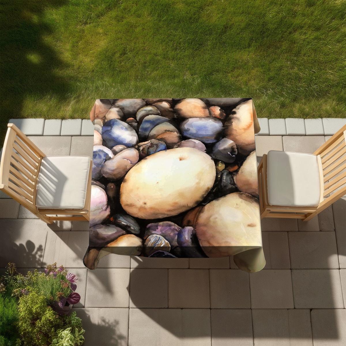 Picture of Begin Home Decor C1TC58589FKEOW 58 x 58 in. Beach Pebbles Blue Tablecloth - Indoor & Outdoor Home Decor