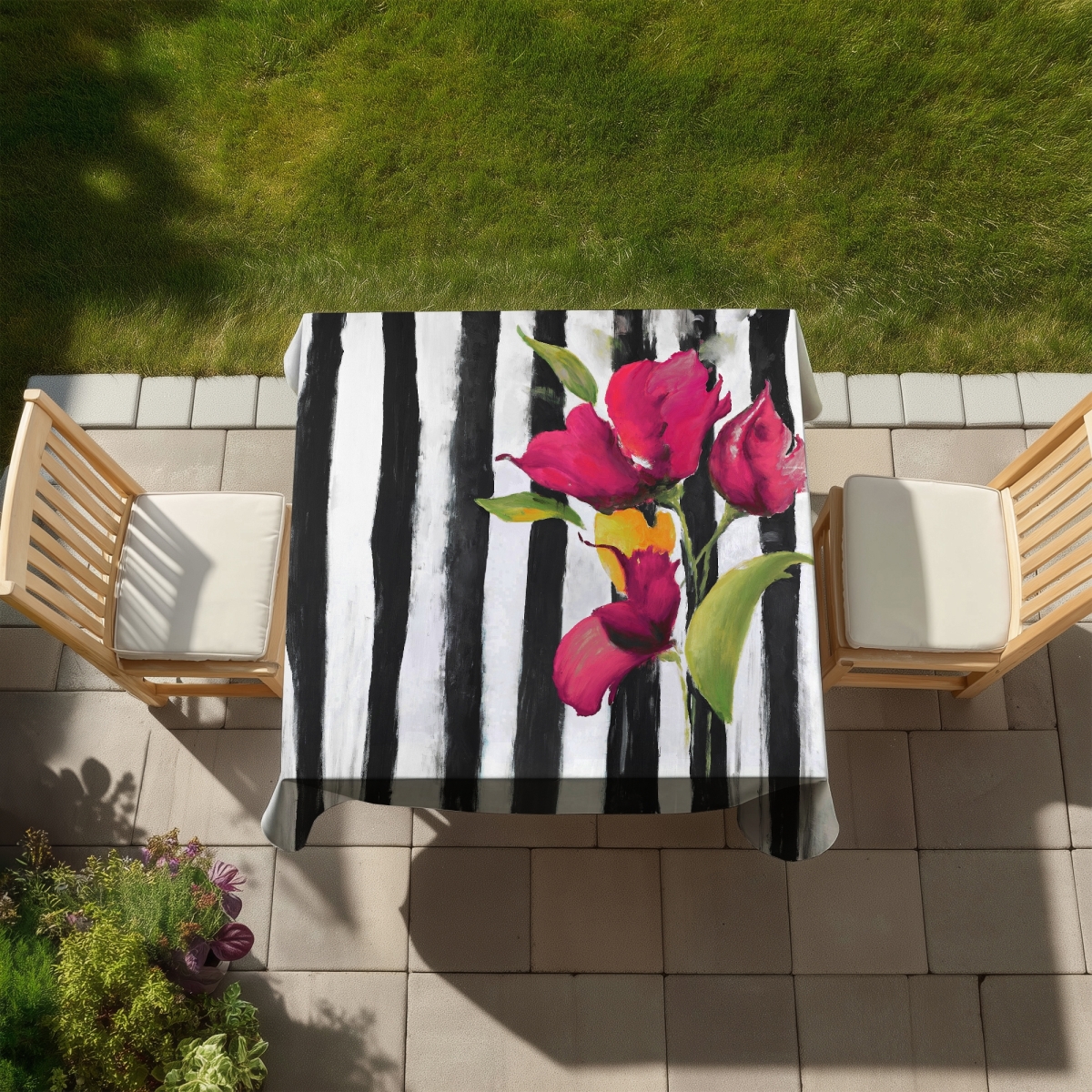 Picture of Begin Home Decor C1TC5858KDMDTD 58 x 58 in. Botanical Tablecloth - Flowers on Stripes for Home Decor