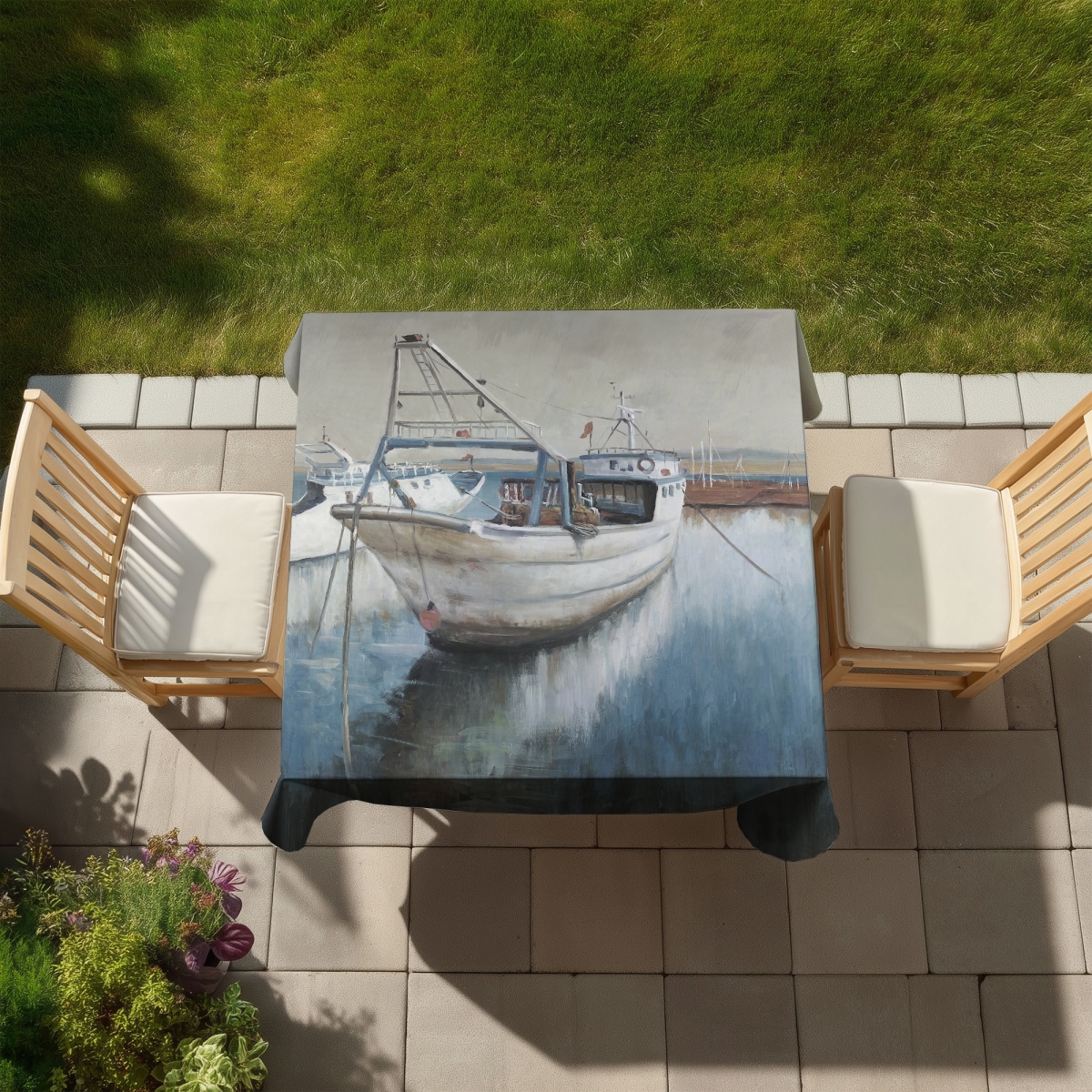 Picture of Begin Home Decor C1TC5858LQQ009 58 x 58 in. Fishing Boat Tablecloth - Blue Marine Indoor & Outdoor Decor