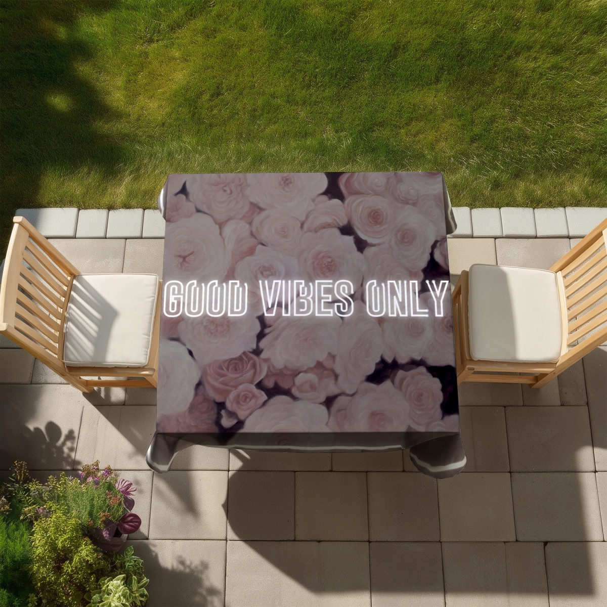 Picture of Begin Home Decor C1TC5858VF8U6I 58 x 58 in. Modern White Tablecloth - Good Vibes Only Roses - Home Decor