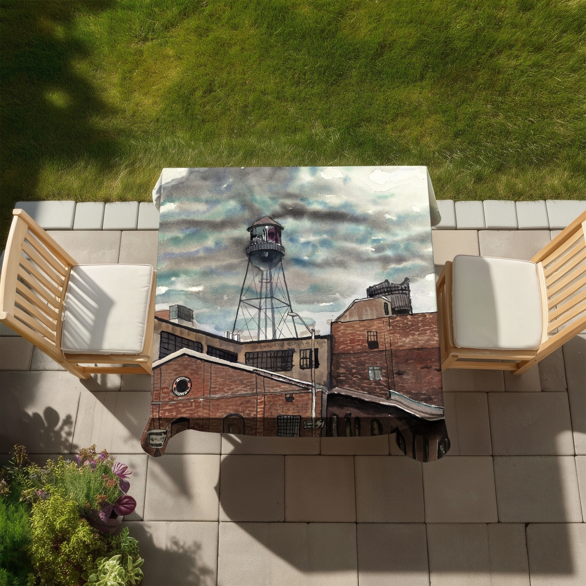 Picture of Begin Home Decor C1TC5858TPWQ9L 58 x 58 in. Blue Industrial Tablecloth - Water Tower in Williamsburg Decor
